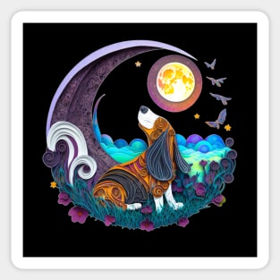 Basset Hound Dog in Space Crescent Moon Planets Stars Cute Sticker